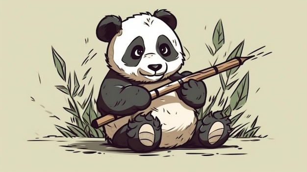 Een panda zit in het gras en houdt een bamboestok vast.