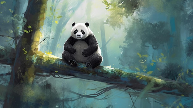 Een panda zit op een boomtak in een bos