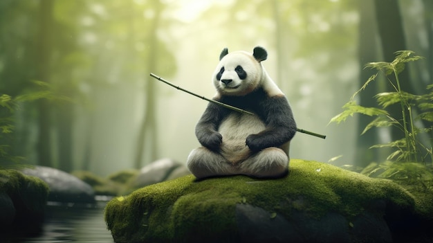 een panda zit op een rots met bamboe in zijn handen.