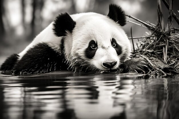 Foto een pandabeer die op de grond ligt naast een watermassa
