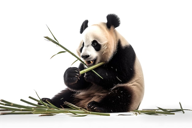 Een pandabeer eet bamboe voor een witte achtergrond.