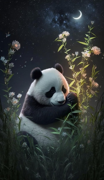 Een pandabeer in een bloemenveld