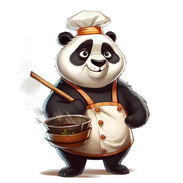Een pandabeer met een pan soep in zijn hand