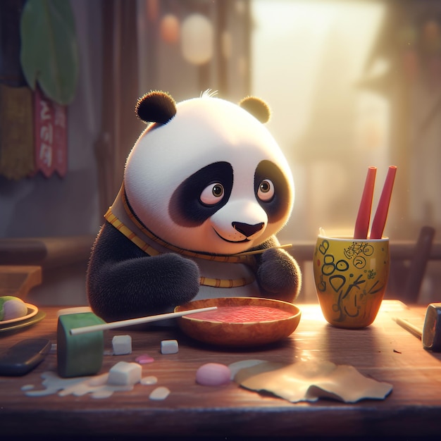 Een pandabeer zit aan een tafel met een kopje saus en een paar andere chinese vlaggetjes aan de muur.