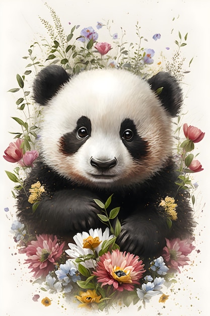 Een pandabeer zit in een bloemstuk.
