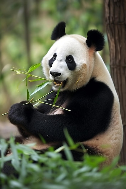 Een pandabeer zit in een boom en eet bamboebladeren.