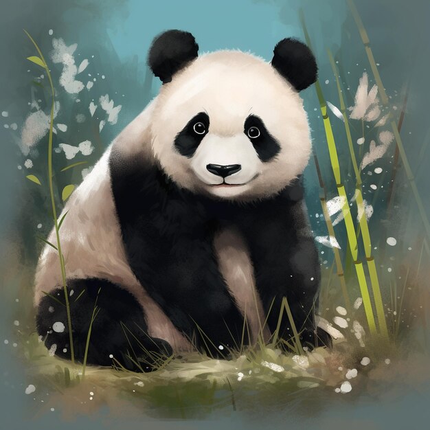 een pandabeer zit in het gras met bloemen op de achtergrond.