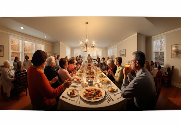 Foto een panoramisch beeld van een thanksgiving-feest dat aan de gang is, waarbij de hele eetkamer gevuld is met f