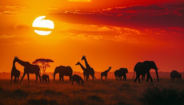 een panoramisch uitzicht op de Afrikaanse savanne bij zonsondergang