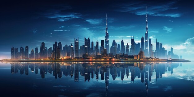 Foto een panoramisch uitzicht op de skyline van dubai's nachts