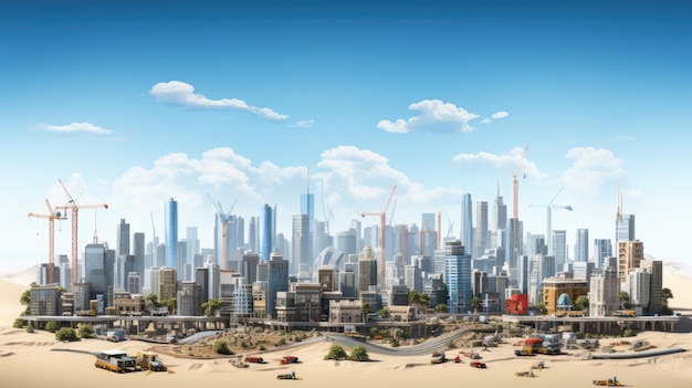 Een panoramisch uitzicht op de skyline van een moderne stad in aanbouw