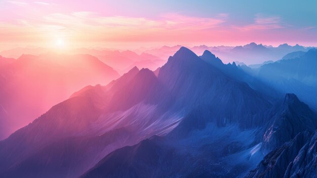 Een panoramisch uitzicht op de torenhoge bergketens bij zonsopgang