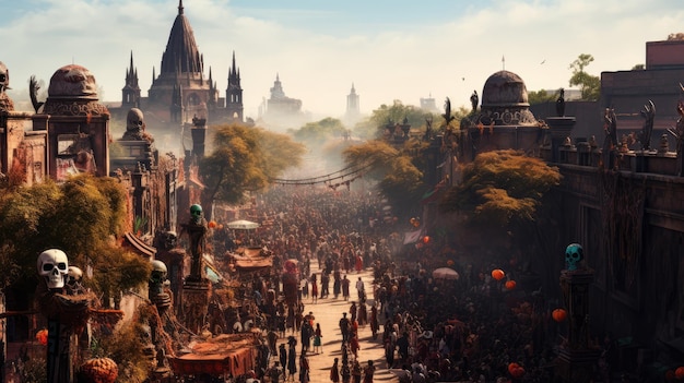 een panoramisch uitzicht op een Day of the Dead-festival met drukke straten vol mensen