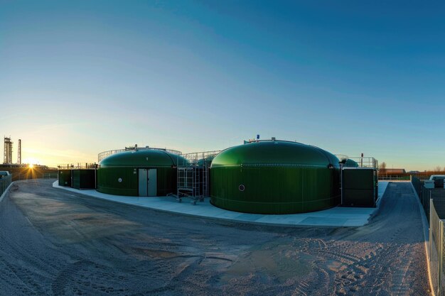 Foto een panoramisch uitzicht op een groene waterstofproductiefaciliteit tegen een heldere lucht