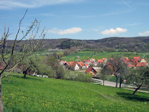 Een panoramisch uitzicht op een klein dorpje met velden en heuvels met een bos Een prachtig landschap