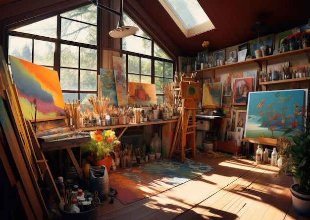 Foto een panoramisch uitzicht op het atelier van een kunstenaar, badend in warm natuurlijk licht, waardoor het atelier van de kunstenaar goed zichtbaar is