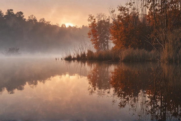 Een panoramisch uitzicht op het nevelrijke meer bij zonsopgang, versierd met gouden riet in de herfst