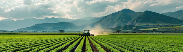 Een panoramisch uitzicht op levendige groene landbouwvelden met een tractor onder een bergachtige skyline