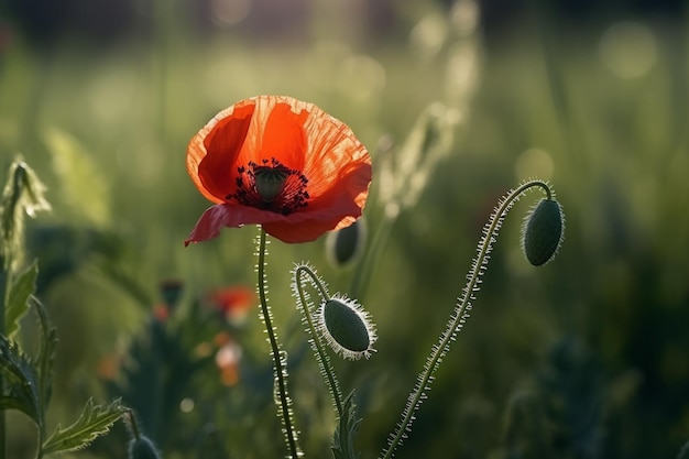 Een papaverbloem in een veld waar de zon op schijnt