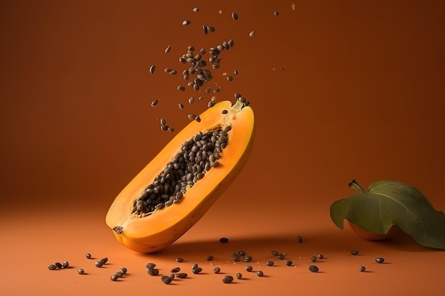 Een papaya met zaden erop en de helft ervan