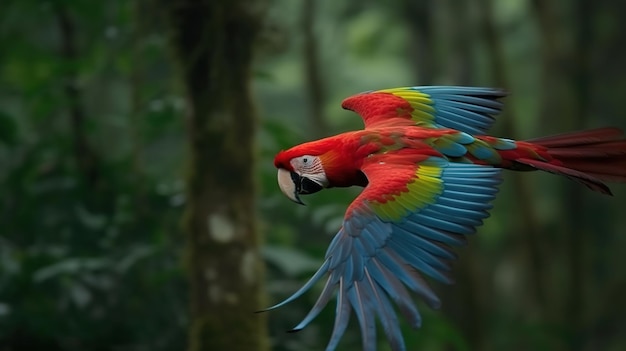 Een papegaai in de jungle met uitgespreide vleugels.