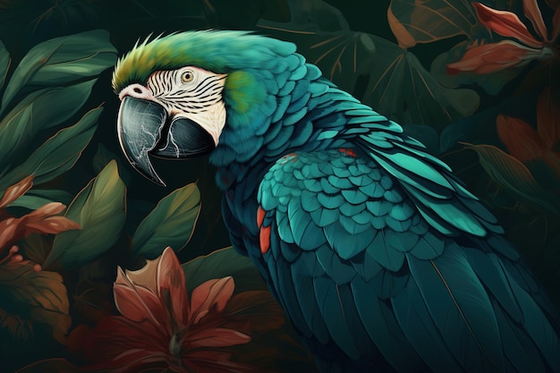 een papegaai met blauwe en groene veren zat op de tak van een boom
