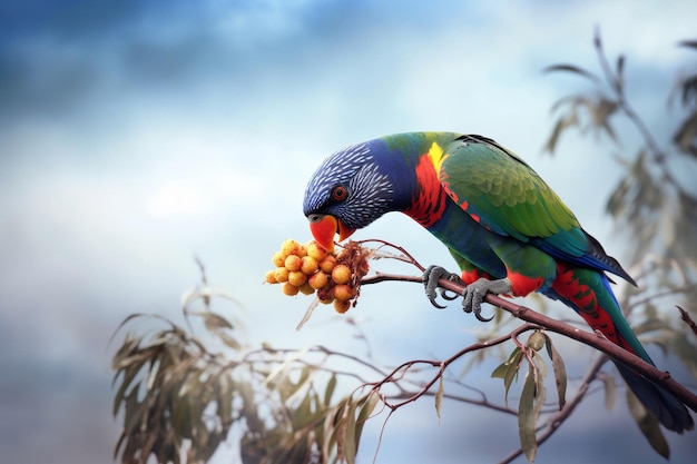 Een papegaai met een blauw en groen lichaam en een rode kop zit op een tak en eet bessen.