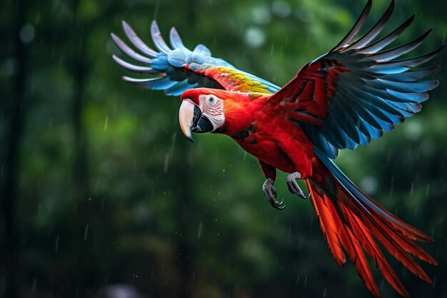 een papegaai met een blauwe en rode staart vliegt in de regen