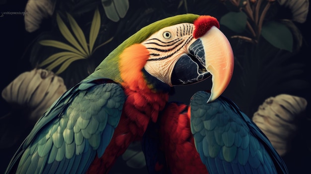 Een papegaai met een gele snavel zit voor een jungleachtergrond.