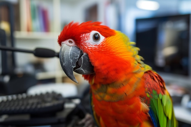 Een papegaai met een koptelefoon op
