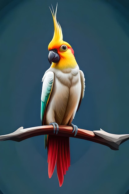 Een papegaai met een rode staart zit op een tak.