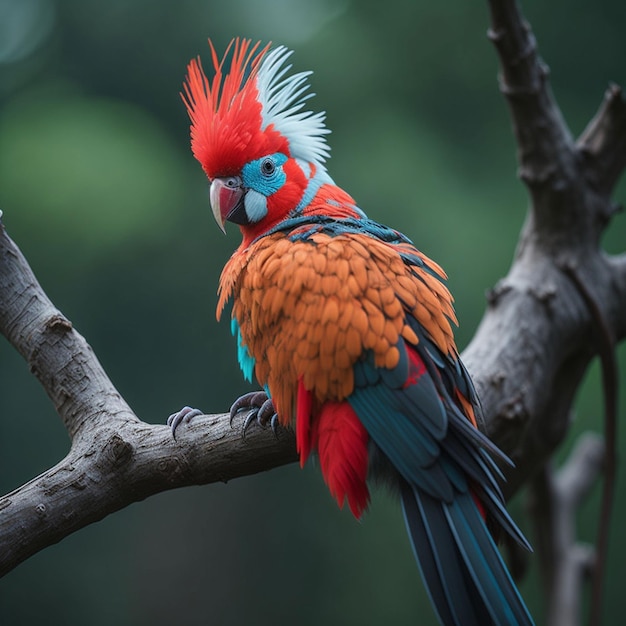Een papegaai met rode en blauwe veren zit op een tak