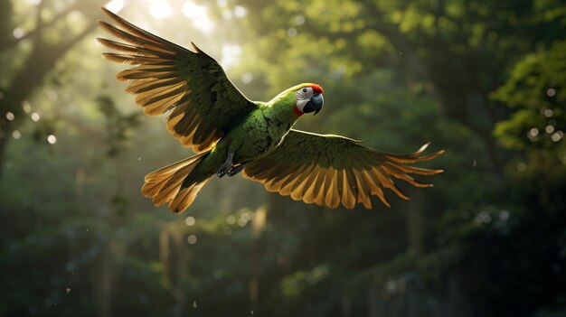 Een papegaai vliegt door de jungle.