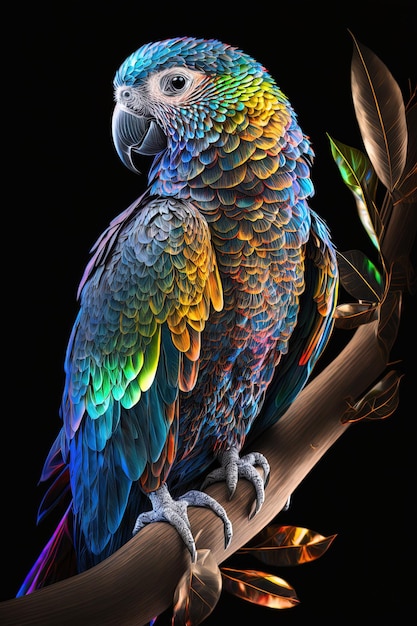 Foto een papegaai wordt getoond met de kleuren van de veren op zijn staart.