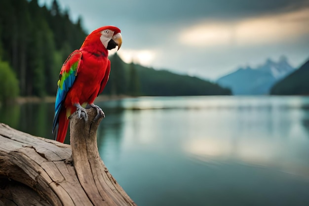 Een papegaai zit op een boomstam voor een meer