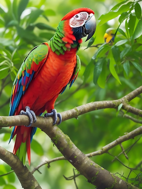 Een papegaai zit op een tak in een tropische omgeving