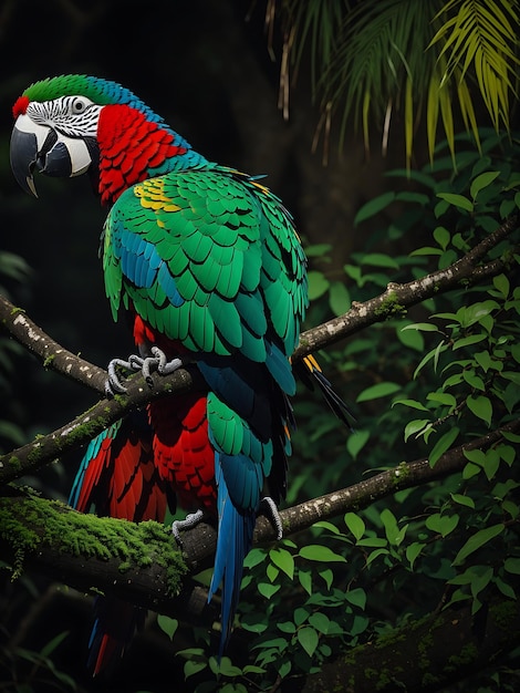 Een papegaai zit op een tak in een tropische omgeving