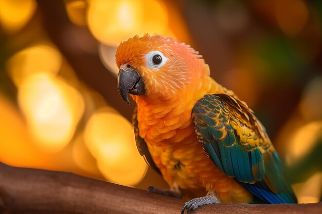 Een papegaai zit op een tak met een onscherpe achtergrond
