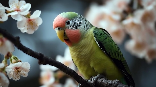 Een papegaai zittend op een tak van een kersenbloesemboom Generatieve ai-illustratie
