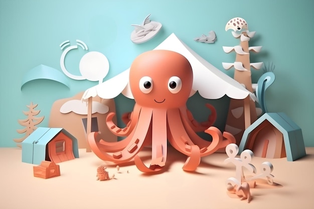 Een papier geknipt uit een octopus met een huis en bomen op de achtergrond.