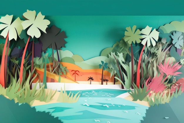 Een papier geknipt uit een tropisch eiland met links palmbomen en rechts een palmboom.