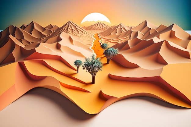 Een papier geknipt uit een woestijn met een woestijntafereel op de achtergrond.