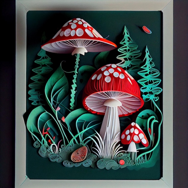 Een papier geknipt uit paddenstoelen met een rode stip aan de onderkant.