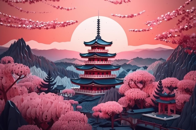 Een papier gesneden illustratie van Japan en een donkere zonsondergang met een berg