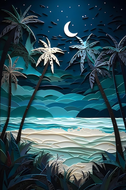 Een papier gesneden uit een strand met palmbomen