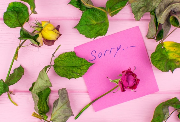 Een papier met de inscriptie Sorry op een houten ondergrond met een droge roos en bladeren