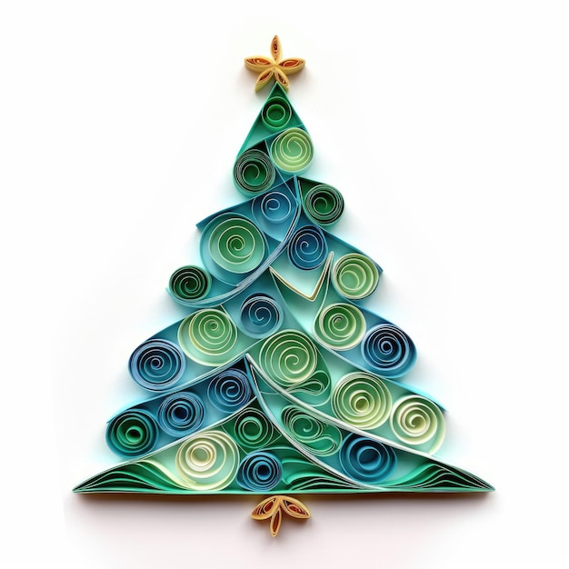 Een papieren kerstboom met een ster op de bovenste papieren quilling