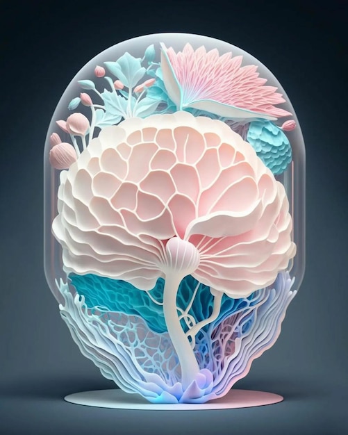 Een papieren sculptuur van een brein met een bloem erop