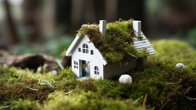 Een papieren soldaat vestigde zich op een bed van groen in een huis dat een milieuvriendelijk huis laat zien Creatieve bron AI Gegenereerd