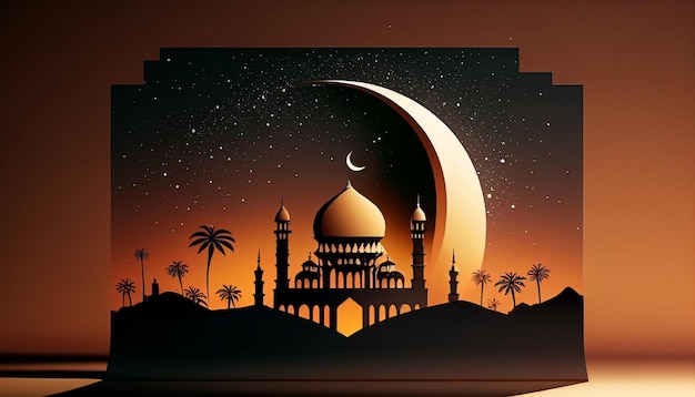 Een papieren uitsnede van een moskee met een maan en palmbomen op de achtergrond